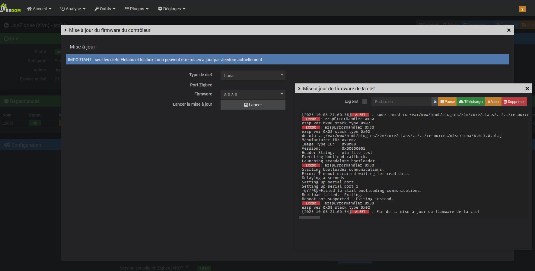 むーページ Plantage maj Firmware JeeZigbee (z2m) sur Luna - Communication